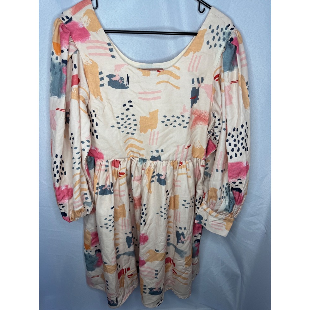 JessaKae Collection Abstract Print Puff Sleeve Babydoll Dress Pink Orange Large